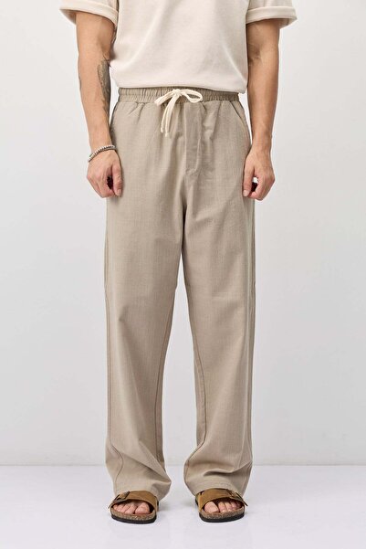 VAMOSCLO Lace-up baggy fit linen trousers beige