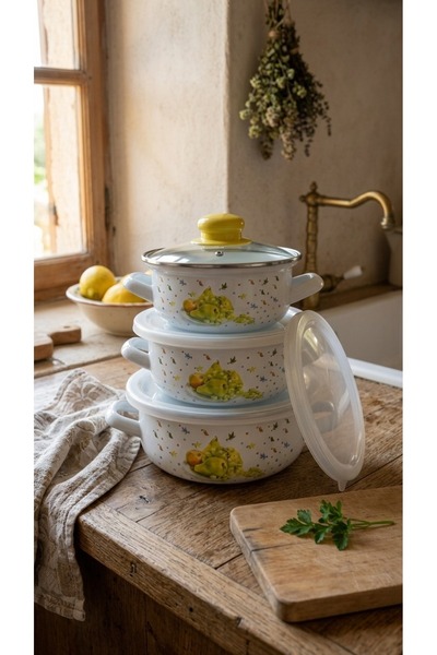 emaye market Enamel 3-Piece Cook, Hide Pots and Storage Container Set 9 Pieces