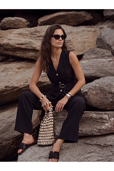 ONLOOX Black Cotton V-Neck Wide-Leg Pants and Belted and Buttoned Vest Top an...