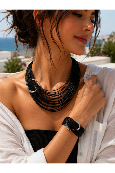 Kutcha Accessories Siyah Tasarım Bileklik Ve Kolye Takı Seti