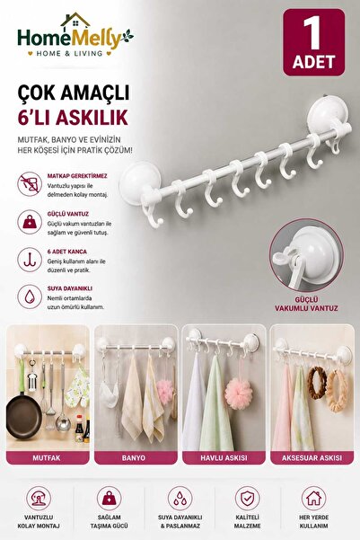 btm home Yeni Nesil Ekstra Güçlü Vantuzlu 8 Kancalı Sıvıya Dayanıklı Askılık