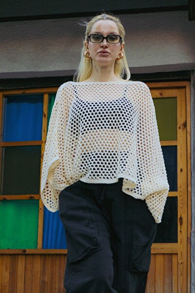 Oiki Bohem Oversize Yarasa Kol File Örgü Crop Bluz Ekru