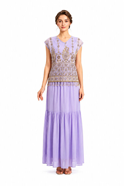 unbranded Women's Lilac Embroidered Chiffon Maxi Evening Dress with Beaded Bo...