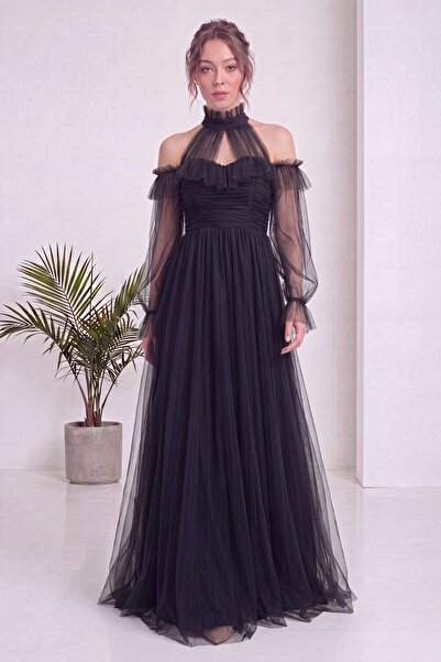zks grup tekstil Women's Black Tulle Draped Plus Size Evening Dress