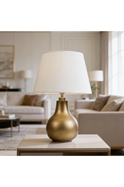 Bahar Aydınlatma Vera Krem Başlıklı Eskitme Gold Modern Abajur