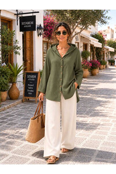 MODA Oversıze Müslin Tunik,Kapüşonlu Müslin Tunik,Yıkamalı Müslin Tunik,Kol A...
