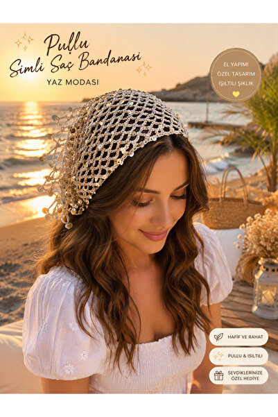 Gizem Design Products Kadın Bohem Örgü Krem/Gold Simli ve Pullu Plaj Saç Band...