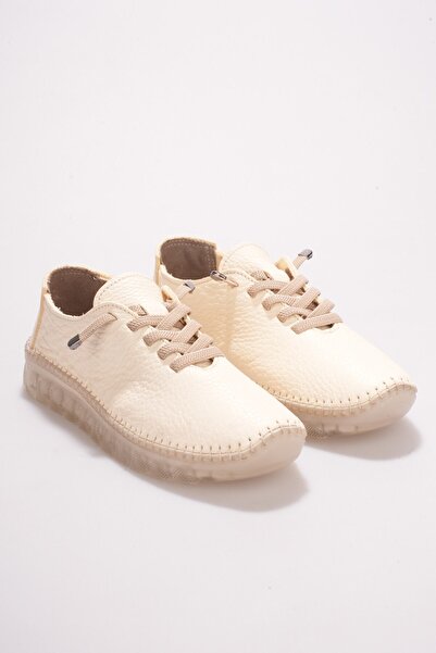 SEFERİ Women's Beige Genuine Leather Flexible Lace-Up New Sneakers - Comforta...