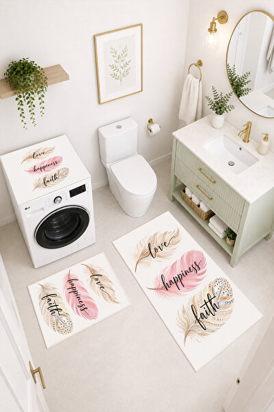 Coco Clementine Modern 3 Parça Banyo Paspas Seti Kaymaz Tabanlı Makinede Yıka...