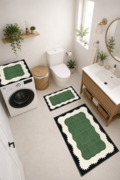 Modern 3 Parça Banyo Paspas Seti Kaymaz Tabanlı Makinede Yıkanabilir Banyo Halısı Takımı ve Çamaşır Makinesi Matı