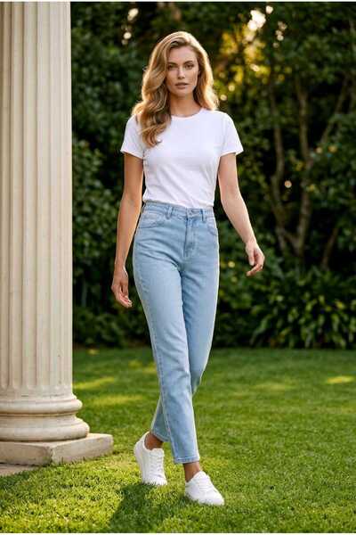 they11 Women's Mom Fit High Waist Narrow Leg Ice Blue Jeans