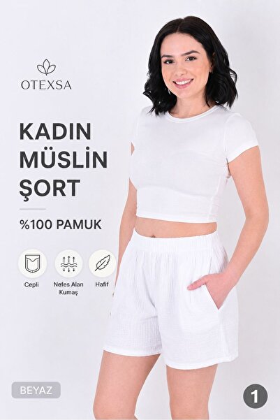 OTEXSA Women's White Muslin Shorts 100% Cotton with Pockets Elastic Waist Lig...
