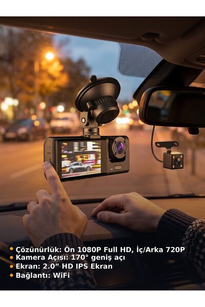 BLACK BOX 3 Kameralı Araç İçi Kamera Full HD Ön 720P İç Arka Geniş Açılı WiFi...