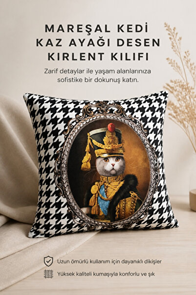 KIRLENT EV Mareşal Kedi Kaz Ayağı Desen Kırlent Kılıfı