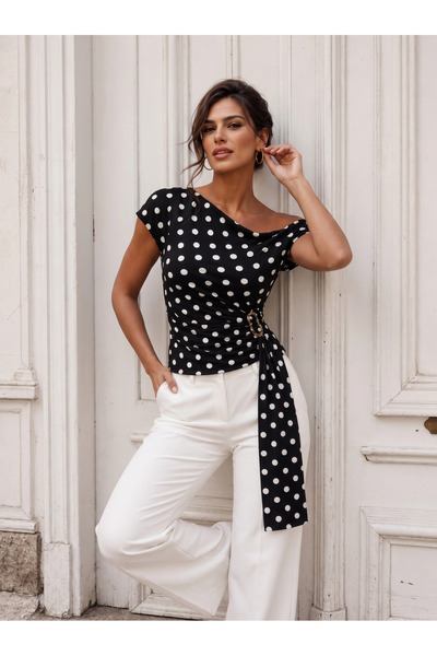 PASTELASTORE Asymmetrical Collar Belted Blouse with Buckle at the Waist