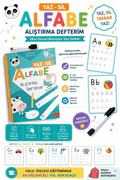 Pembe Pasaj Yaz Sil Alfabe Alıştırma Defteri Okul Öncesi Bitmeyen Yazı Defteri