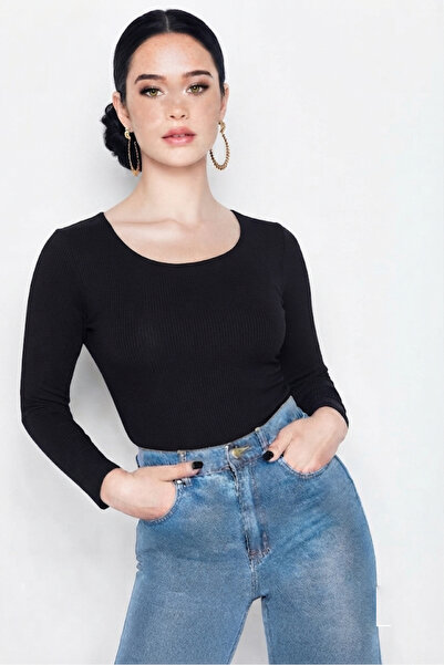 CHEISU Tricou negru cu mânecă lungă și decolteu rotund pentru femei, bluză ti...