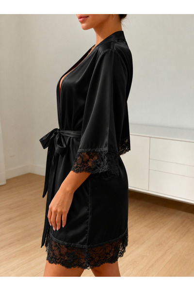 Jermo Women's Sleeve and Skirt Lace Detail Stylish and Elegant Short Satin Dressing Gown with Belt