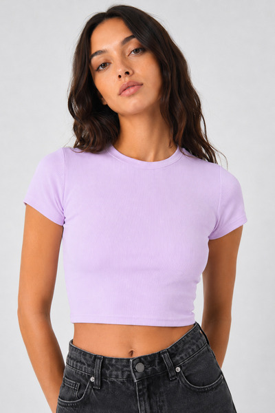 PUNKY CAT Kadın Lila Bisiklet Yaka Kısa Kollu Crop Basic Bluz