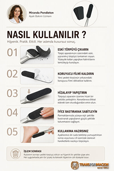 Transformacion 100'lu Yapışkanlı Ayak Törpü Yedeği Seti Pedikür Törpü Kağıdı, 100 Grit Suya Dayanıklı Yedek Topuk Törpüsü 716031