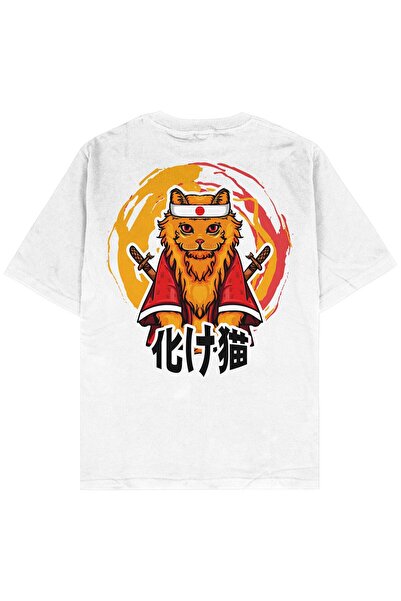 AyveGa Tricou unisex oversize alb Samurai Cat