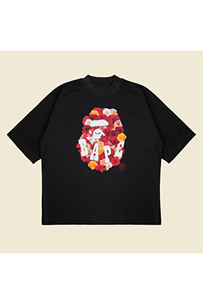 Tarzsokak Bathing Ape Rose Baskılı Oversize Unisex Pamuklu Nefes Alan Kalın K...