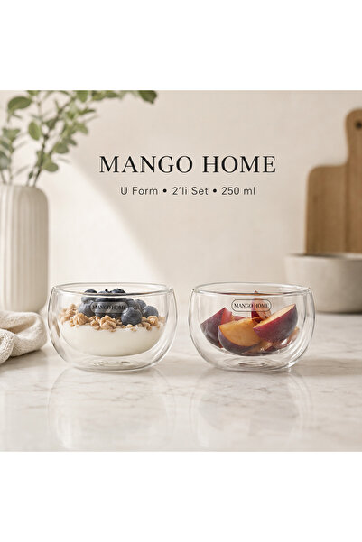 Mango Home U Form Çift Cidarlı Borosilikat Cam Kase Seti 2'li 250 ml - Isı Ya...
