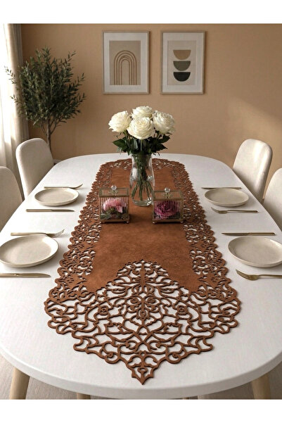 Ergüven Home Red Brown Suede Fabric Thin Cut Runner Table Length 40x140cm