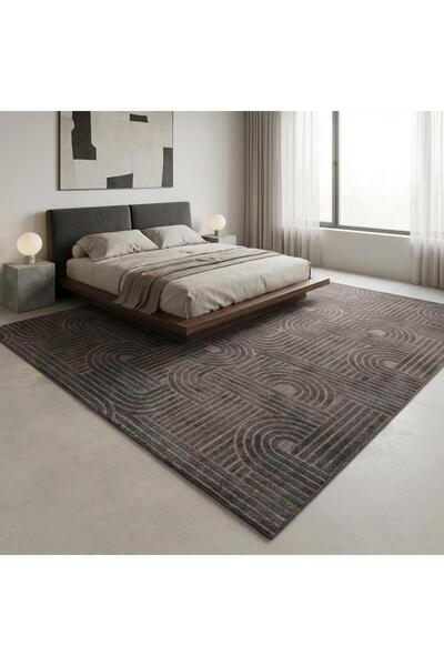 Carpettex Antrasit Modern Geometrik Desenli Dijital Baskılı Kaymaz Tabanlı Yıkanabilir Halı Dijital Baskı Halı