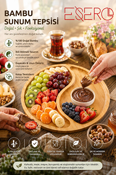 Çelik Ayna Esero bamboo breakfast presentation plate - round serving dish wit...