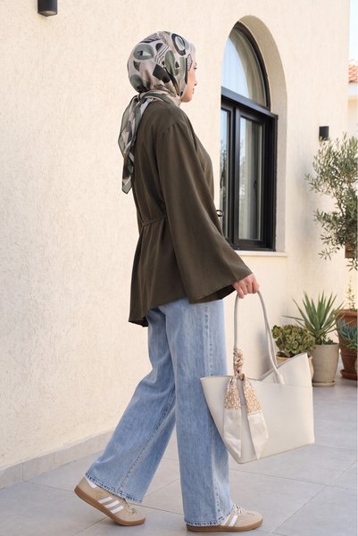 Modamorfo Pantaloni din denim cu talie elastică și buzunare, croială largă -tint
