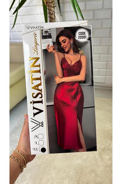 Visatin Lingerie قميص نوم نسائي طويل من الساتان بفتحة طويلة