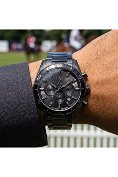 Santa Barbara Polo & Racquet Club ساعة رجالية من الفولاذ المقاوم للصدأ الأسود...