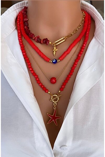 Trend Jewellery (DÖRT KOLYE) Kırmızı Mercan Taşı Çelik Zincir Yıldız Melek Ço...