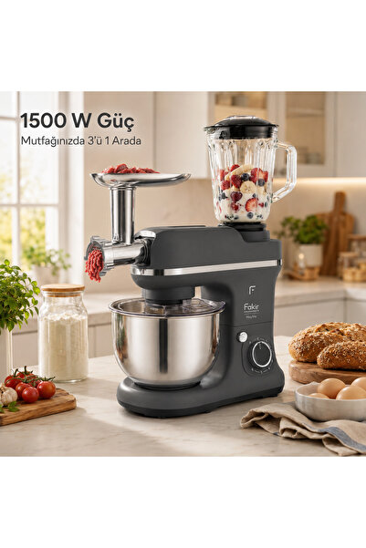 Fakir MixyTrio 1500 W 3’ü 1 Arada Stand Mikser, 5 L Hazneli, Cam Sürahili, Kıyma Aparatlı