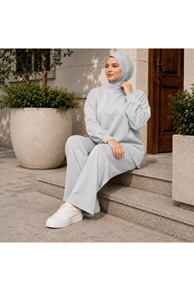 NEED LİFE Kadın Gri Double Pamuk Kumaş Rahat Kalıp Dik Yaka Tunik Eşofman Tak...