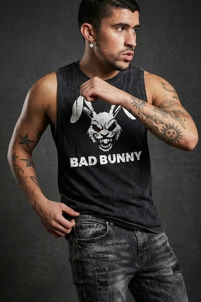 technomonkey Black Men's Cotton Training Athlete's Undershirt Oversize Washable Bad Bunny Printed Sleeveless T-Shirt