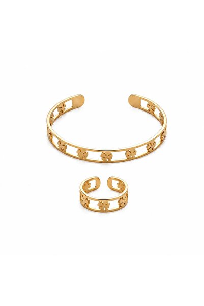 Nevara Women's Gold Flower Design Bracelet and Ring Set Elegant Everyday Wear...