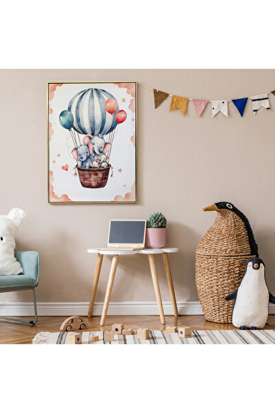MallDeco Tablou Canvas Elefanți în Balon, cu Decor Acrilic Reliefat, Ramă PS
