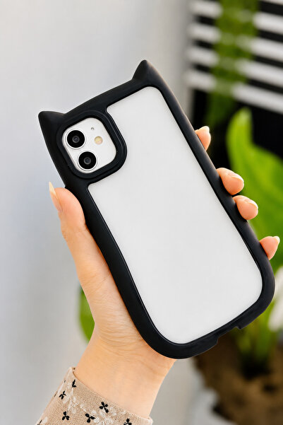 Go Aksesuar Iphone 11 Uyumlu Siyah Kulaklı Kedi Kenar Darbe Önleyici Şeffaf S...