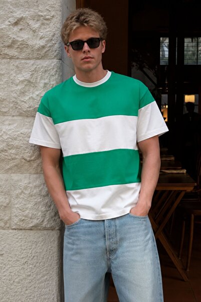Madmext Green Oversize Color-Blocking Crew Neck T-Shirt 7020