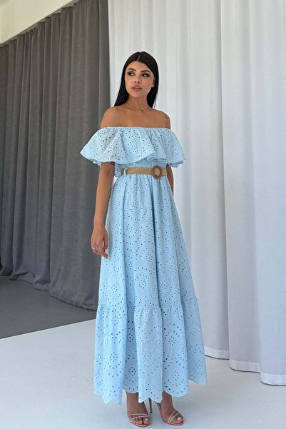 Mine Tan Butik Madonna Yaka Fisto Detaylı Kemerli Elbise - Mavi