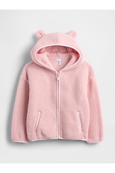 GAP Kız Bebek Pembe Sherpa Bear Fermuarlı Sweatshirt