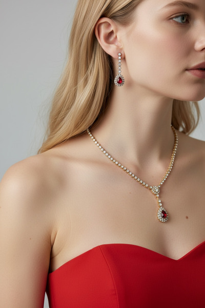 FUYA JEWELLERY Zirkon Taşlı Su Yolu Kolye, Küpe Set