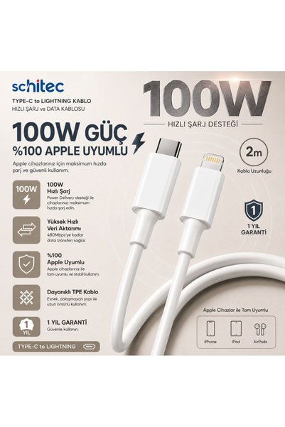 schitec 6A 100W Apple Uyumlu Type-C to Lightning 2Metre Süper Hızlı Data ve Ş...