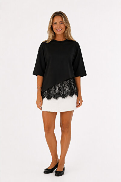 BeeYouStudio Lace Detailed Combed Cotton Blouse/ Black
