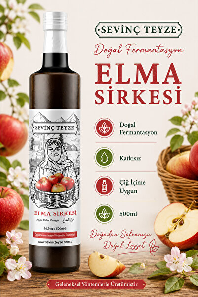 Sevinç Teyze Elma Sirkesi 500ml - Doğal Fermantasyon, Katkısız, Çiğ İçimlik, ...