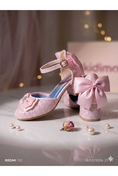 PATİK BEBE Girl's Pink Color Miniature Thick Heelled Evening Princess Shoes with Pictures on the Inside