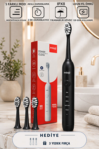 Mioji Oral B1 Şarj Edilebilir IPX8 5 Modlu Diş Fırçası Siyah + (3 Yedek Başlı...