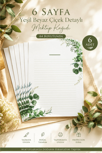 Organik Yolda ورق ملاحظات مزخرف بالزهور باللونين الأخضر والأبيض (مقاس A4)